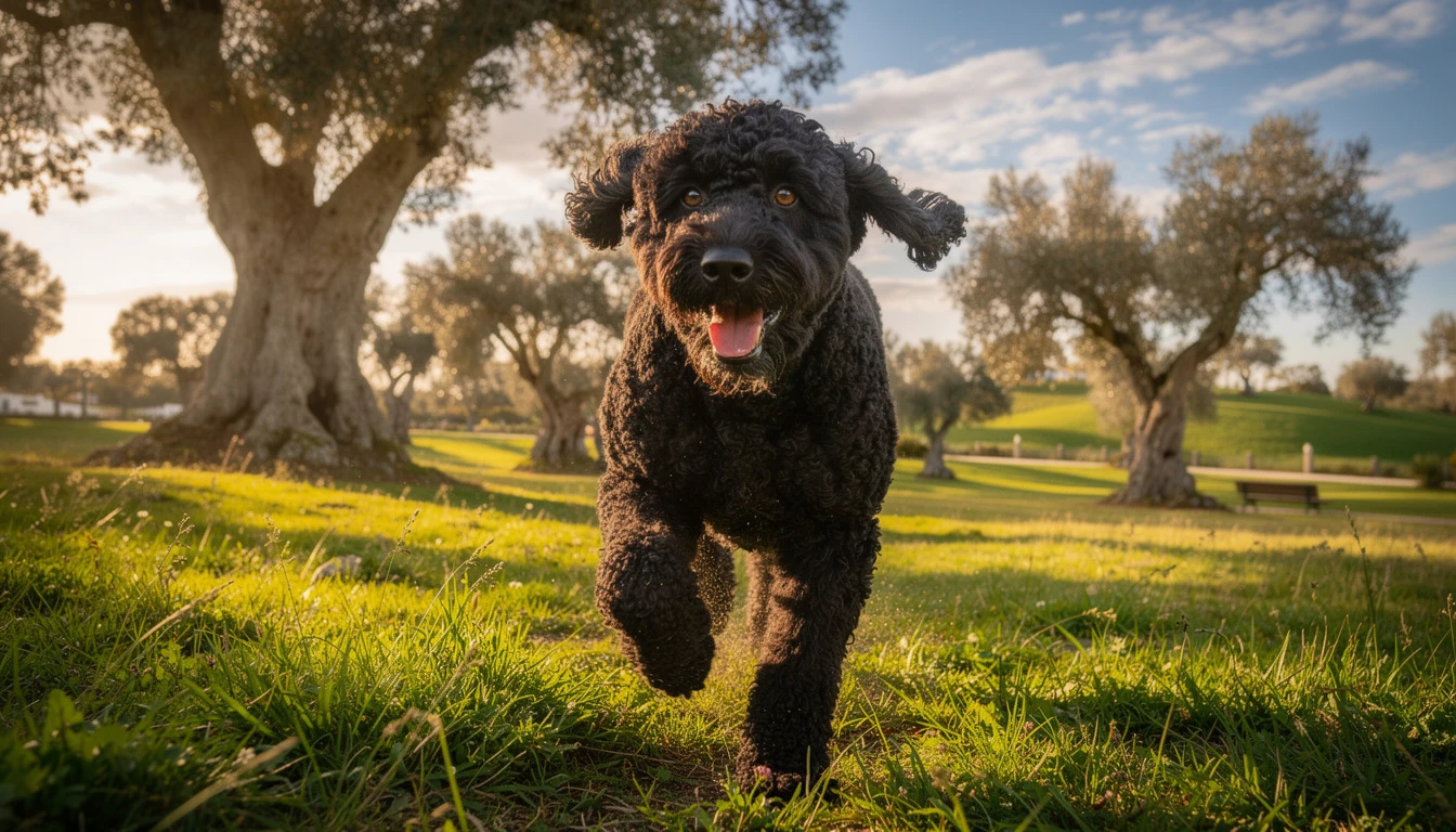 Cão de Água Português saudável a correr num parque português